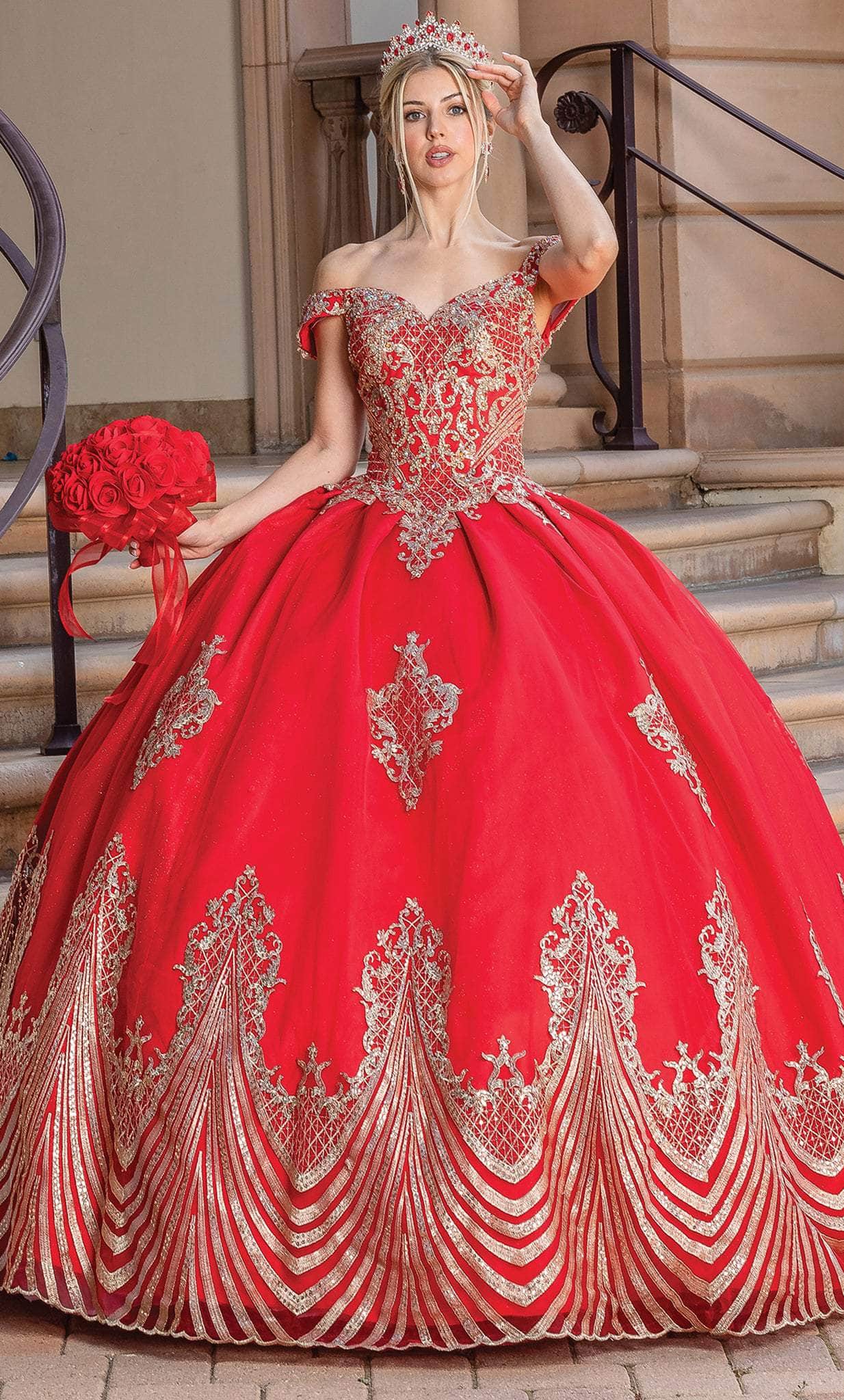 Dancing Queen 1681 - Embroidered Off Shoulder Ballgown Ball Gowns XS / Red