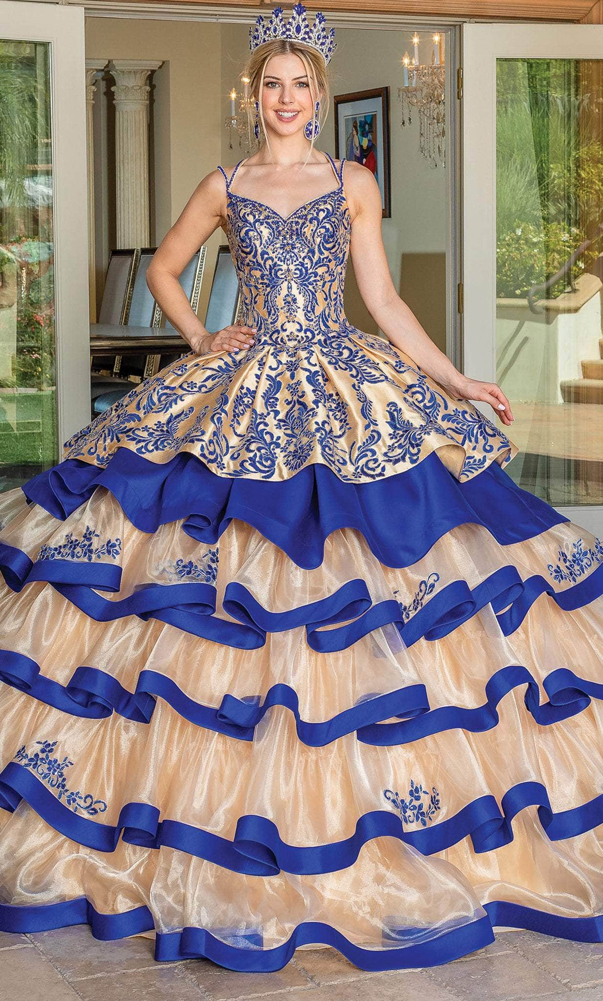 Dancing Queen 1689 - Tiered Ruffle Quinceanera Ballgown Ball Gowns XS / Gold/Royal Blue