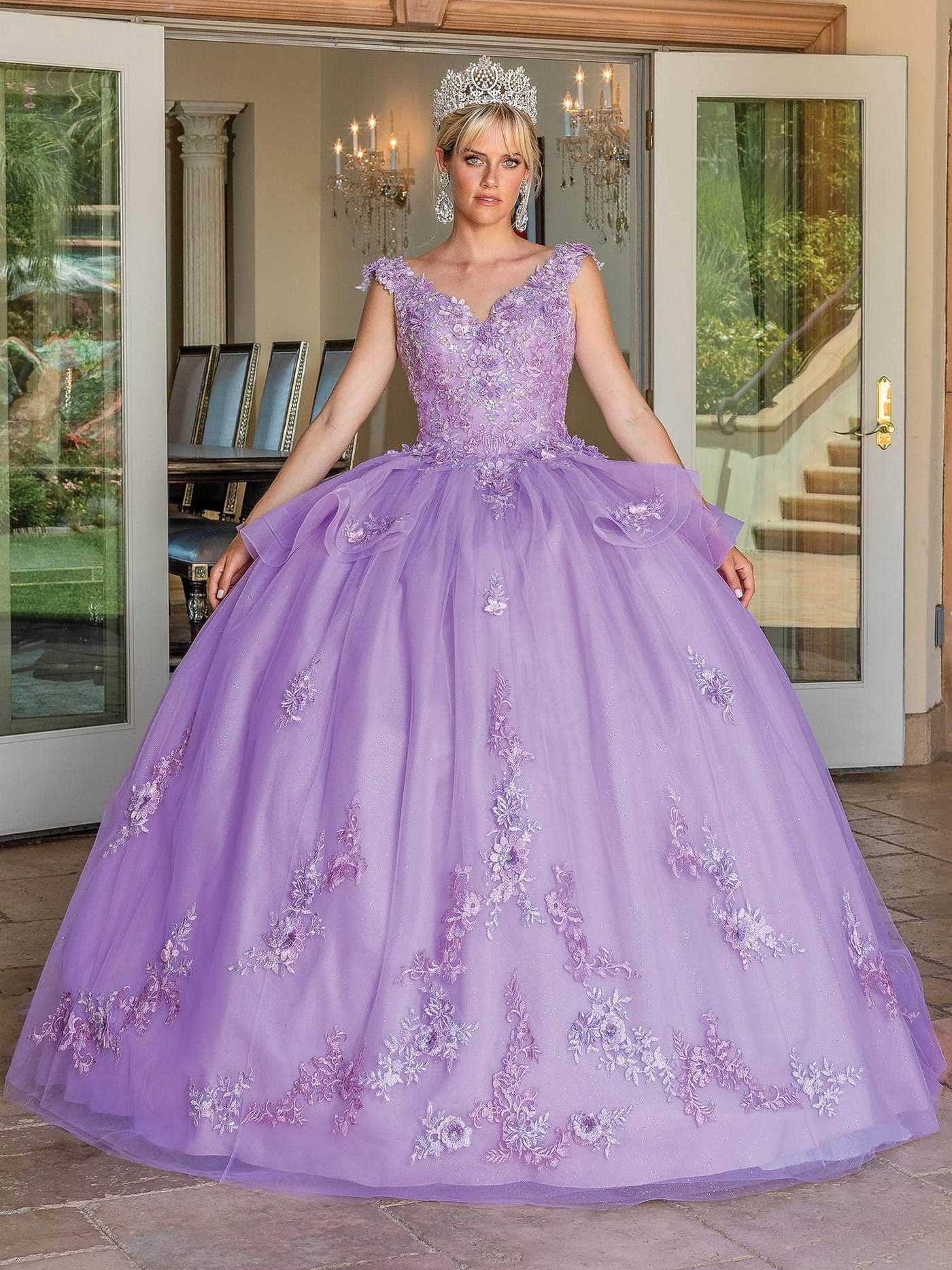 Dancing Queen 1690 - Floral Appliqued Tiered Ballgown Ball Gowns