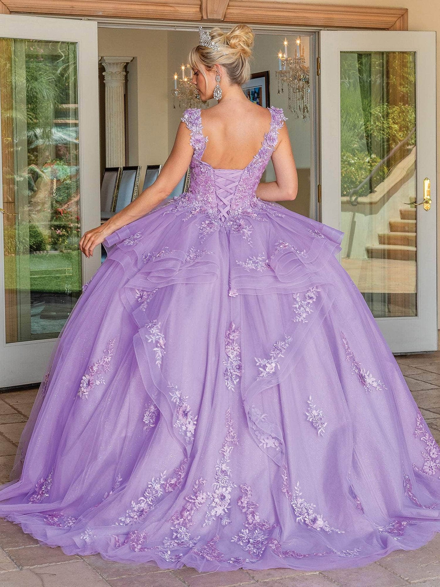 Dancing Queen 1690 - Floral Appliqued Tiered Ballgown Ball Gowns