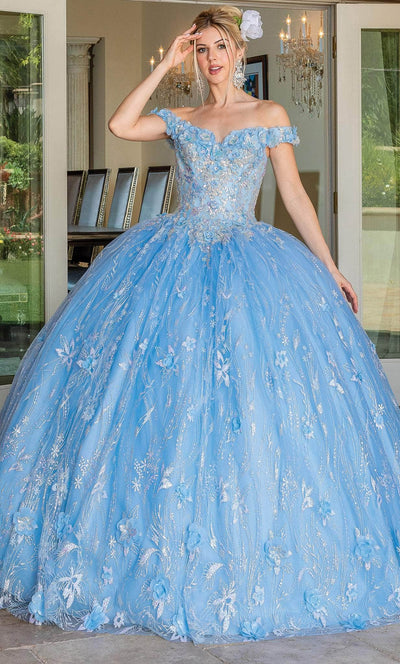 Dancing Queen 1694 - Floral Ornate Quinceanera Ballgown Ball Gowns XS / Bahama Blue