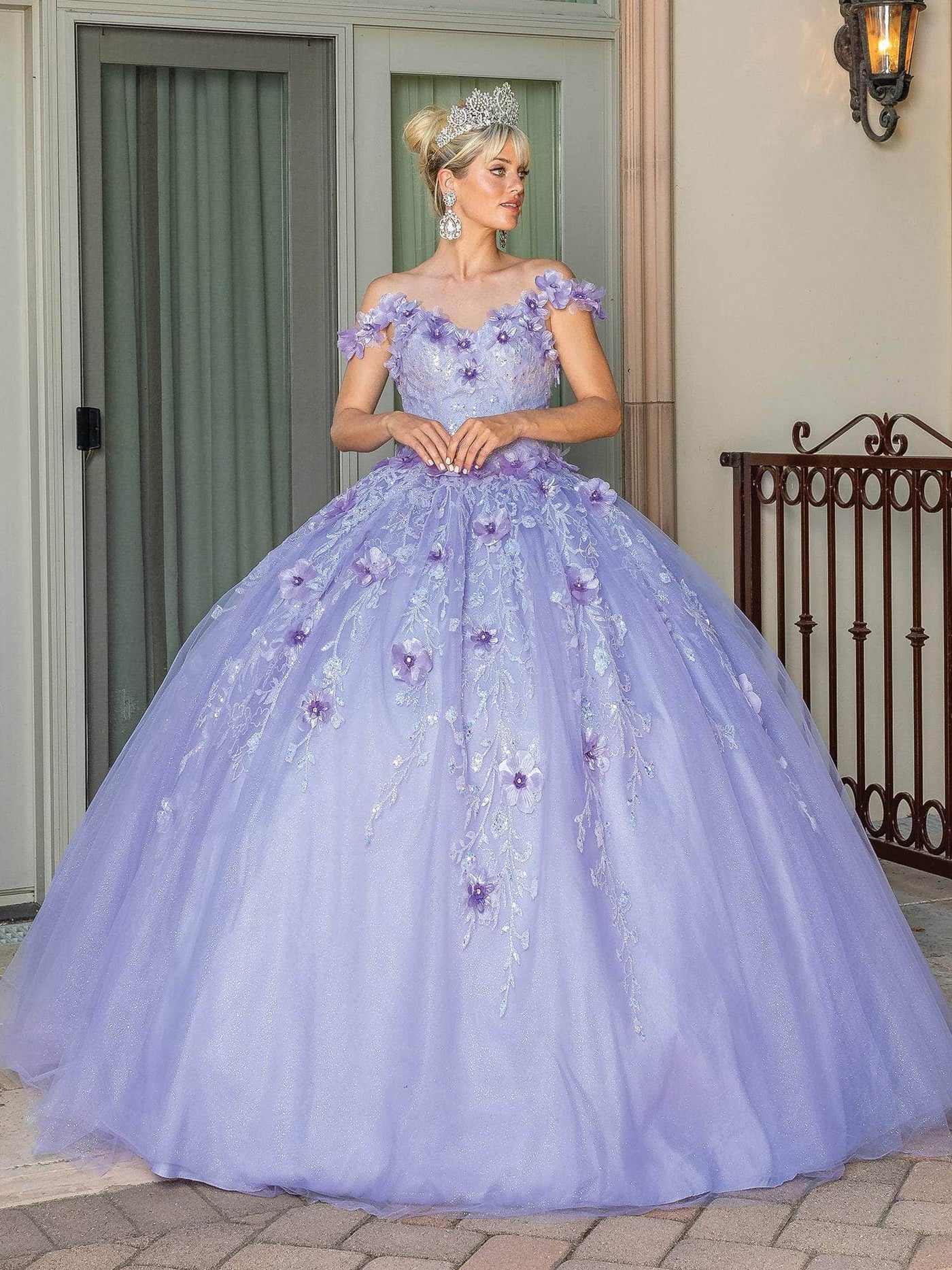 Dancing Queen 1703 - Floral Appliqued V-Neck Ballgown Quinceanera Dresses