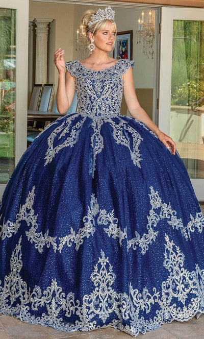 Dancing Queen 1709 - Scoop Neck Beaded Appliqued Ballgown Special Occasion Dress XS / Navy