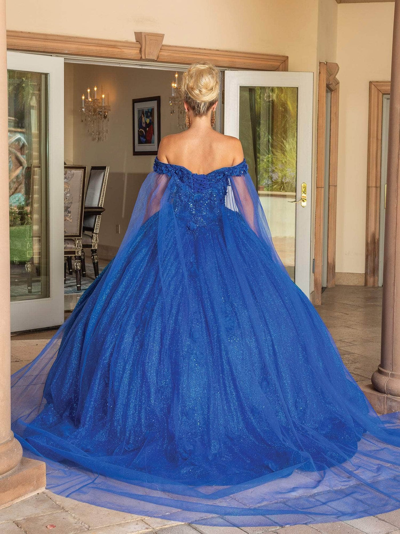 Dancing Queen 1718 - Off Shoulder Glitter Ballgown With Cape Quinceanera Dresses