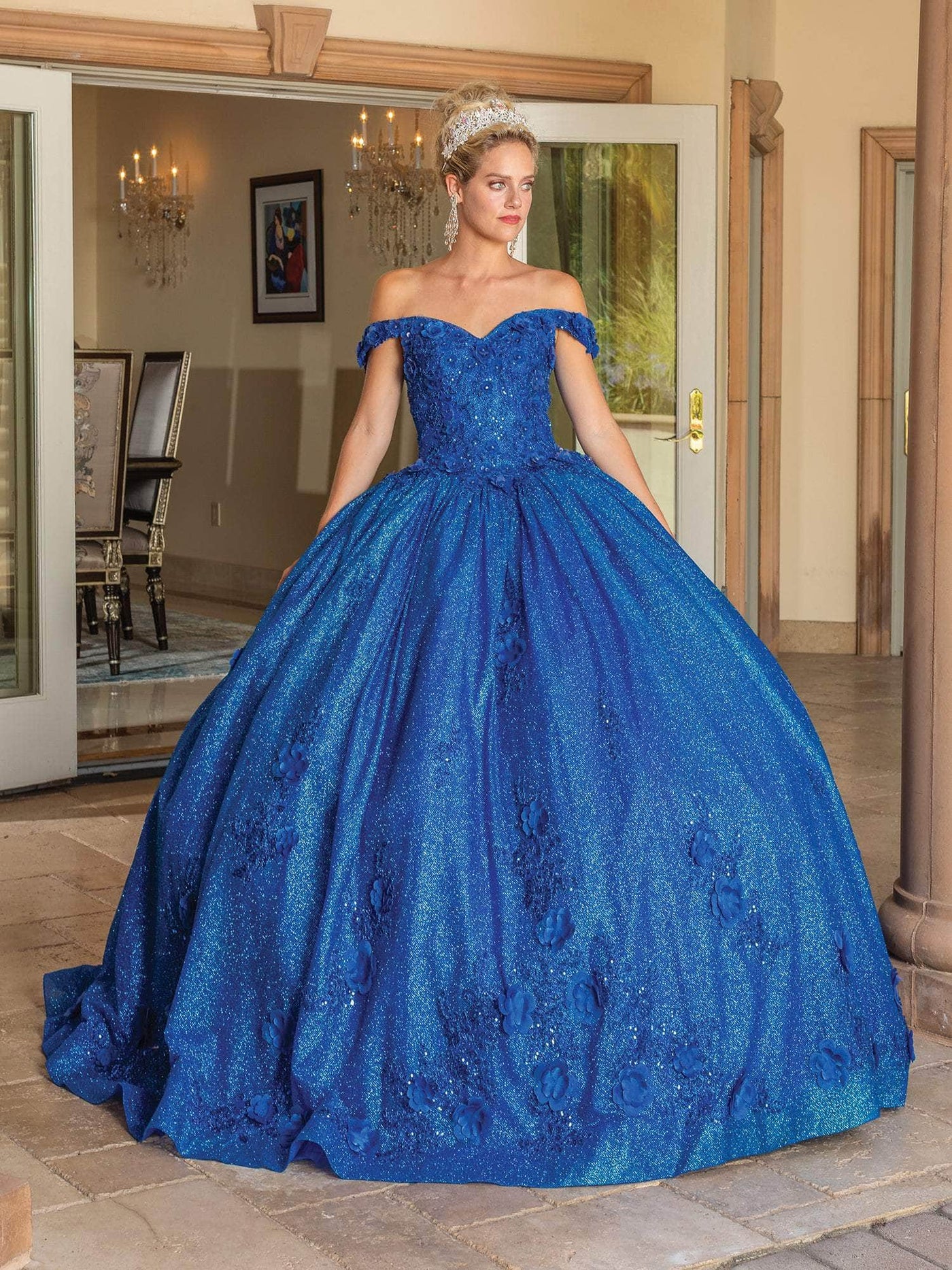 Dancing Queen 1718 - Off Shoulder Glitter Ballgown With Cape Quinceanera Dresses