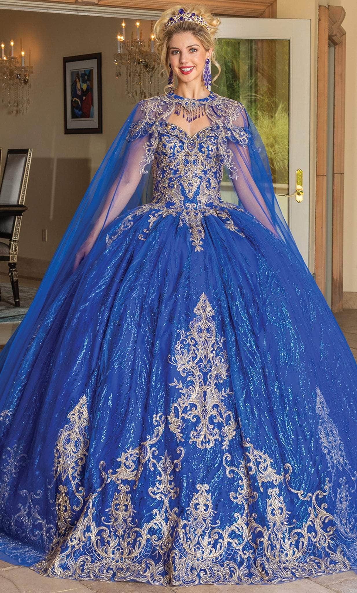 Dancing Queen 1719 - Detachable Cape Sweetheart Ballgown Quinceanera Dresses XS / Royblue/Gold