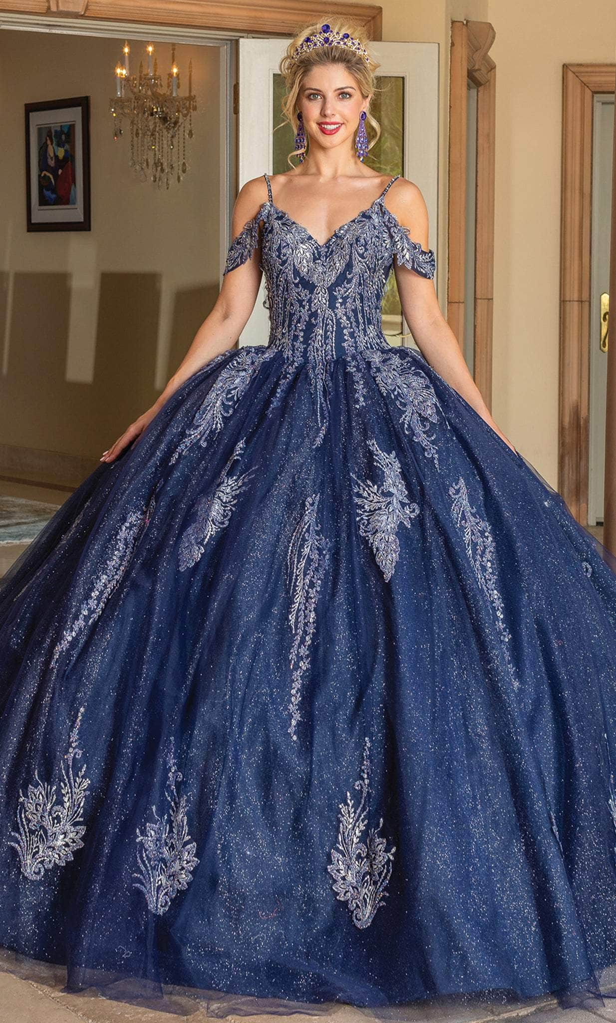 Dancing Queen 1732 - Cold Shoulder Quinceanera Ballgown Special Occasion Dress XS / Navy