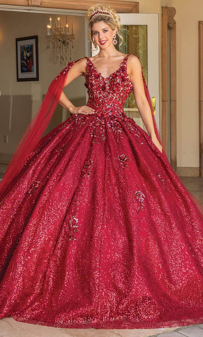 Dancing Queen 1764 - Embellished V-Neck Ballgown Quinceanera Dresses XS / Burgundy