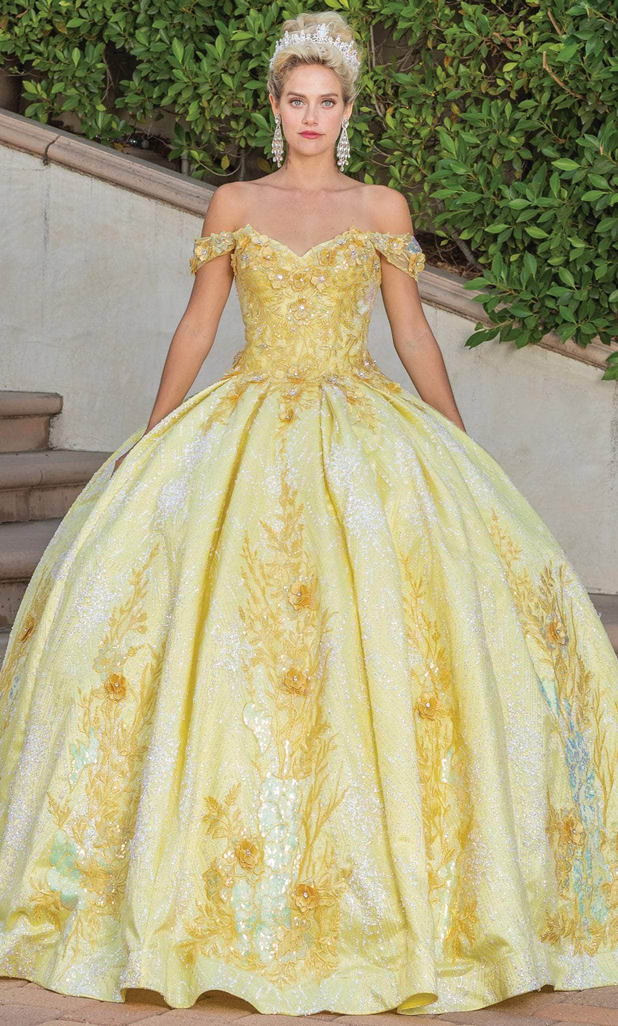 Dancing Queen 1772 - Off Shoulder Pleated Ballgown Ball Gowns XS / Yellow