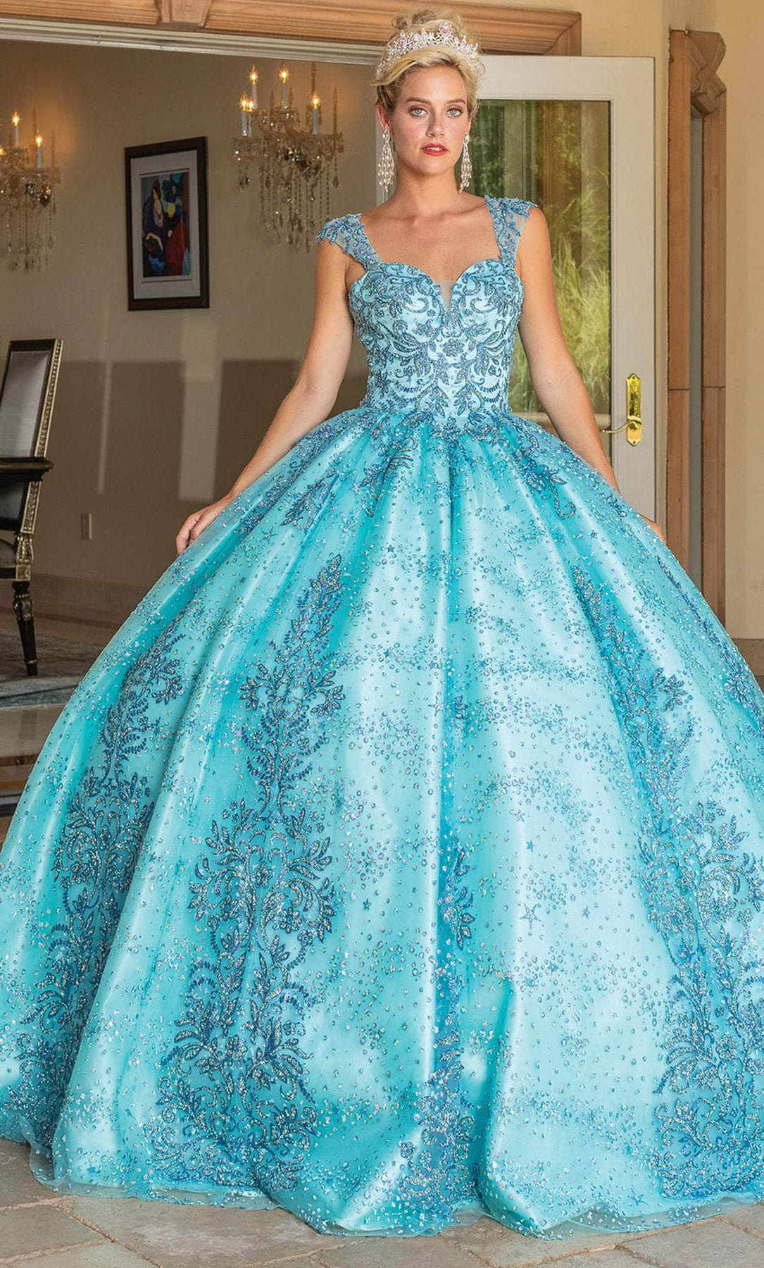 Dancing Queen Danq_1784 - Long Ballgown Dress - Lace Appliques, Glitter Print, Sheer Cap Sleeves, Beaded, Corset Back, Cutout, Sweep Train ADASA Dancing Queen Danq_1784 - Long Ballgown Dress - Lace Appliques, Glitter Print, Sheer Cap Sleeves, Beaded, Corset Back, Cutout, Sweep Train ADASA