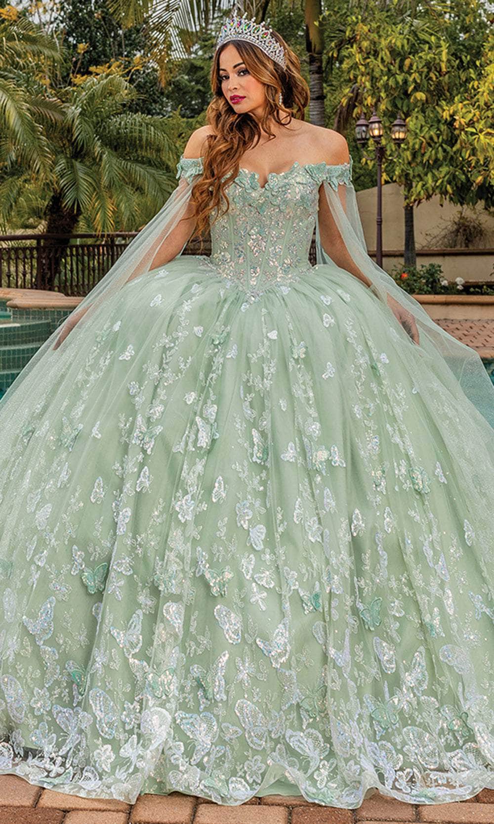 Dancing Queen Danq_1852 - Long Ballgown Dress - Corset Boning, Floral Appliques, Corset Back, Sheer Cascading Sashes, Sweep Train Xs / Sage Dancing Queen Danq_1852 - Long Ballgown Dress - Corset Boning, Floral Appliques, Corset Back, Sheer Cascading Sashes, Sweep Train Xs / Sage