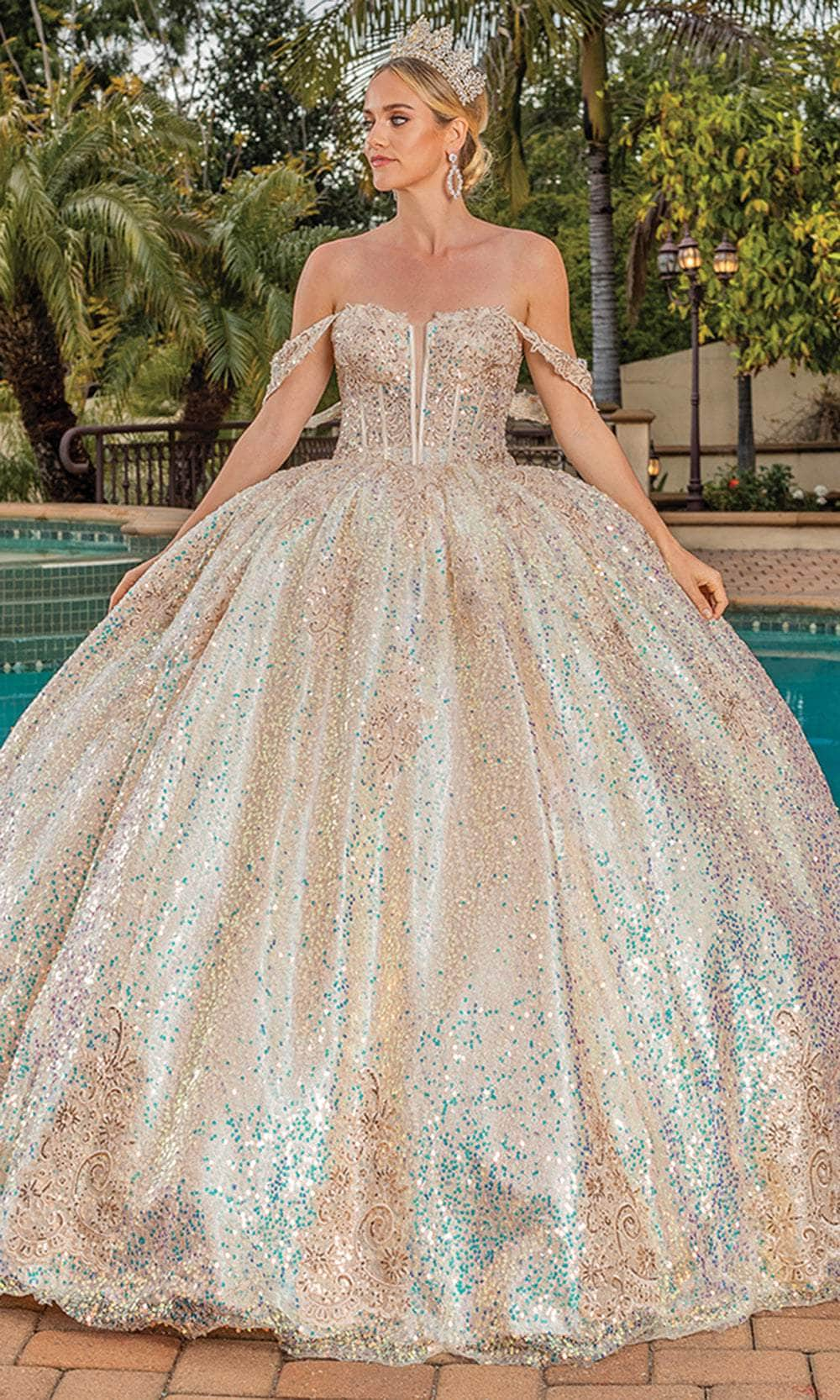 Dancing Queen 1854 - Sequin Off Shoulder Ballgown Special Occasion Dress XS / Multi Champagne