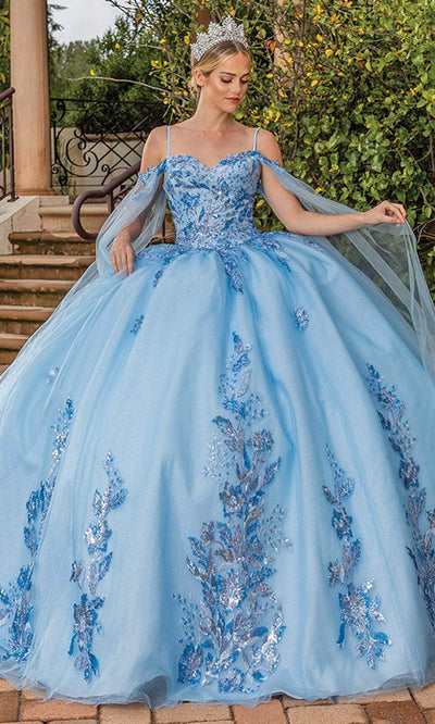 Dancing Queen 1865 - Sheer Sleeve Cape Ballgown Special Occasion Dress XS / Bahama Blue