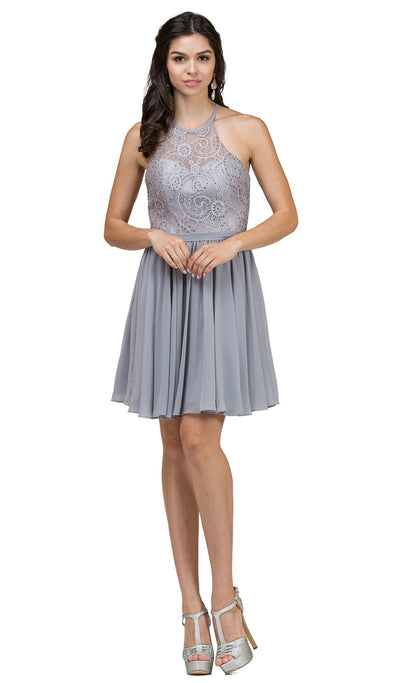 Dancing Queen - 2010 Lace Illusion Halter A-Line Cocktail Dress Cocktail Dresses XS / Silver