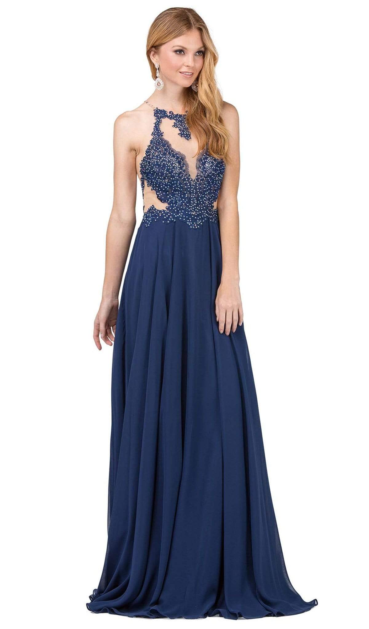 Dancing Queen - 2015 Lace Embellished Illusion Bodice Chiffon Gown Prom Dresses XS / Navy