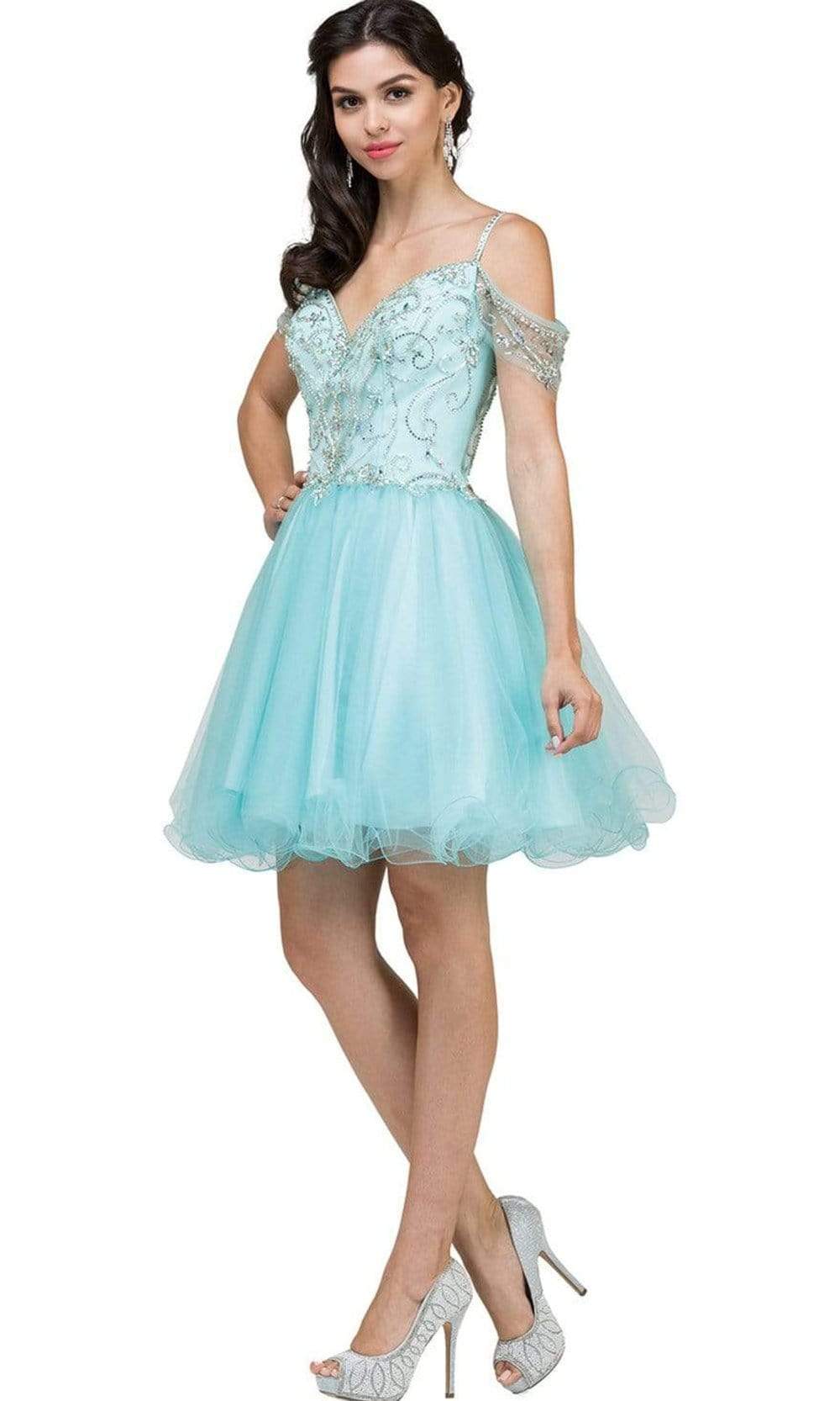 Dancing Queen - 2023 Jeweled Off-Shoulder Fit and Flare Cocktail Dress Homecoming Dresses XS / Aqua