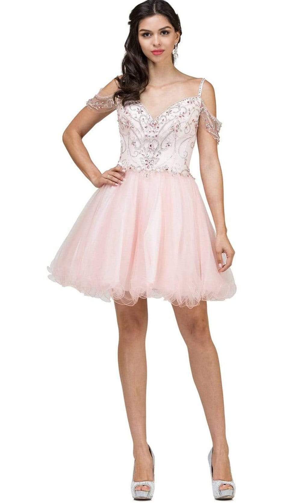 Dancing Queen - 2023 Jeweled Off-Shoulder Fit and Flare Cocktail Dress Homecoming Dresses XS / Blush