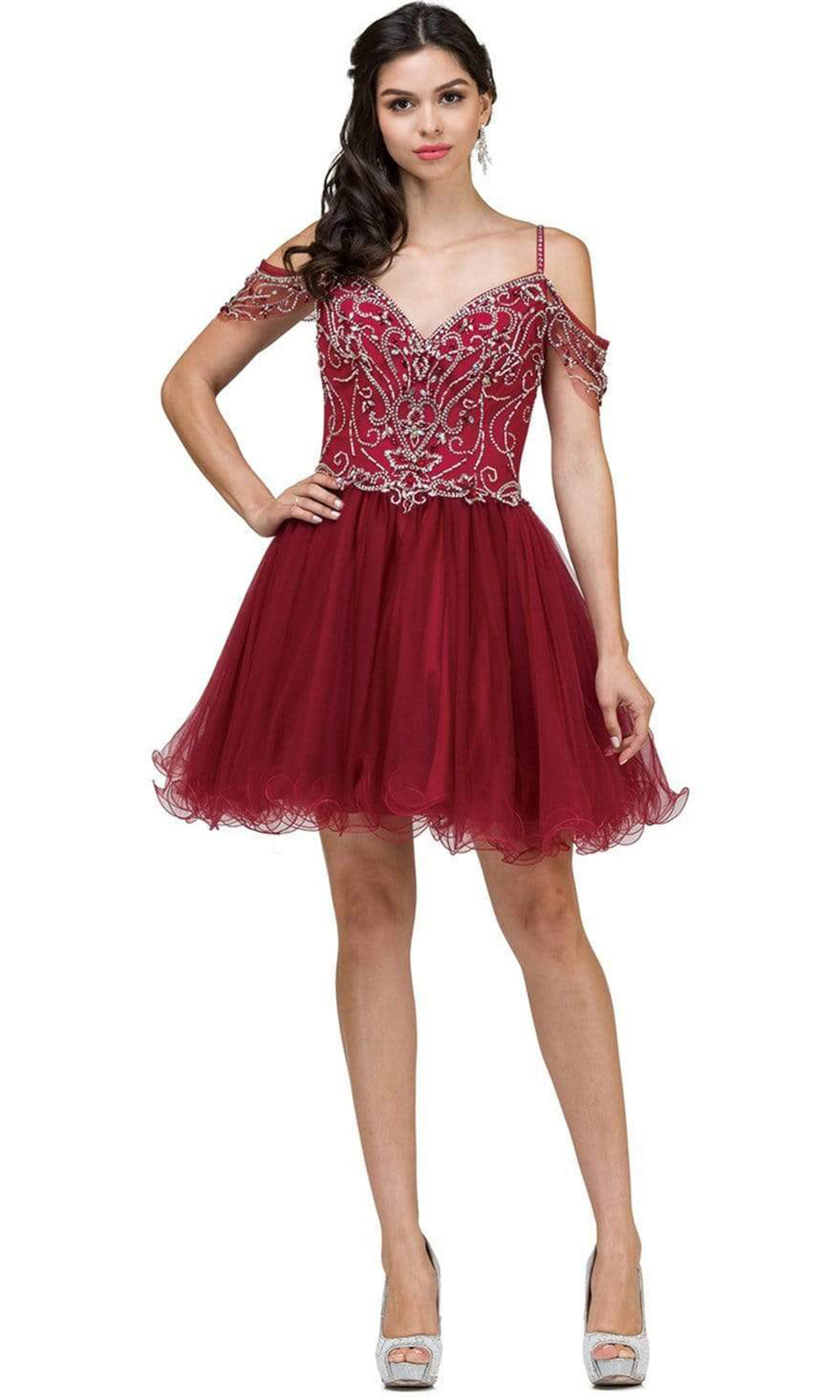 Dancing Queen - Jeweled Off-Shoulder Fit and Flare Cocktail Dress 2023 - 1 pc Burgundy In Size 3XL Available CCSALE 3XL / Burgundy