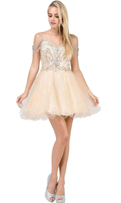 Dancing Queen - 2023 Jeweled Off-Shoulder Fit and Flare Cocktail Dress Homecoming Dresses XS / Champagne