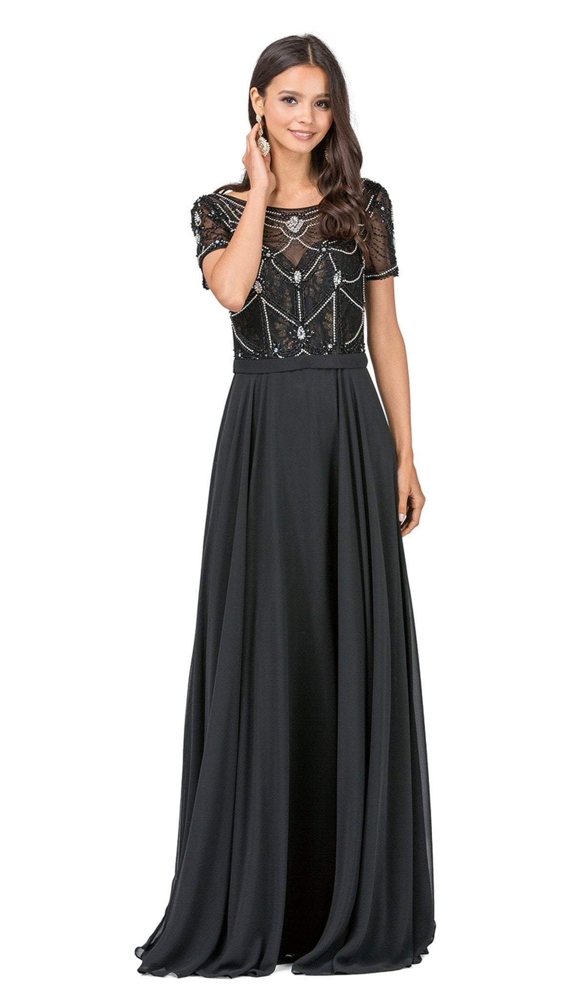 Dancing Queen - 2067 Embellished Sheer Short Sleeve Evening Dress Evening Dresses XS / Black