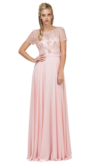 Dancing Queen - 2067 Embellished Sheer Short Sleeve Evening Dress Evening Dresses XS / Blush