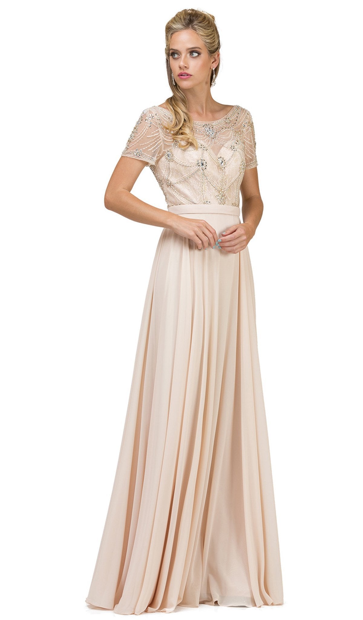 Dancing Queen - 2067 Embellished Sheer Short Sleeve Evening Dress Evening Dresses XS / Champagne