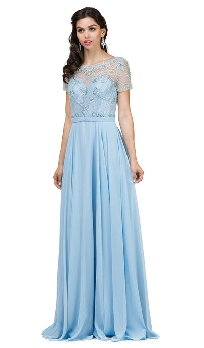 Dancing Queen - 2067 Embellished Sheer Short Sleeve Evening Dress Evening Dresses XS / Sky Blue