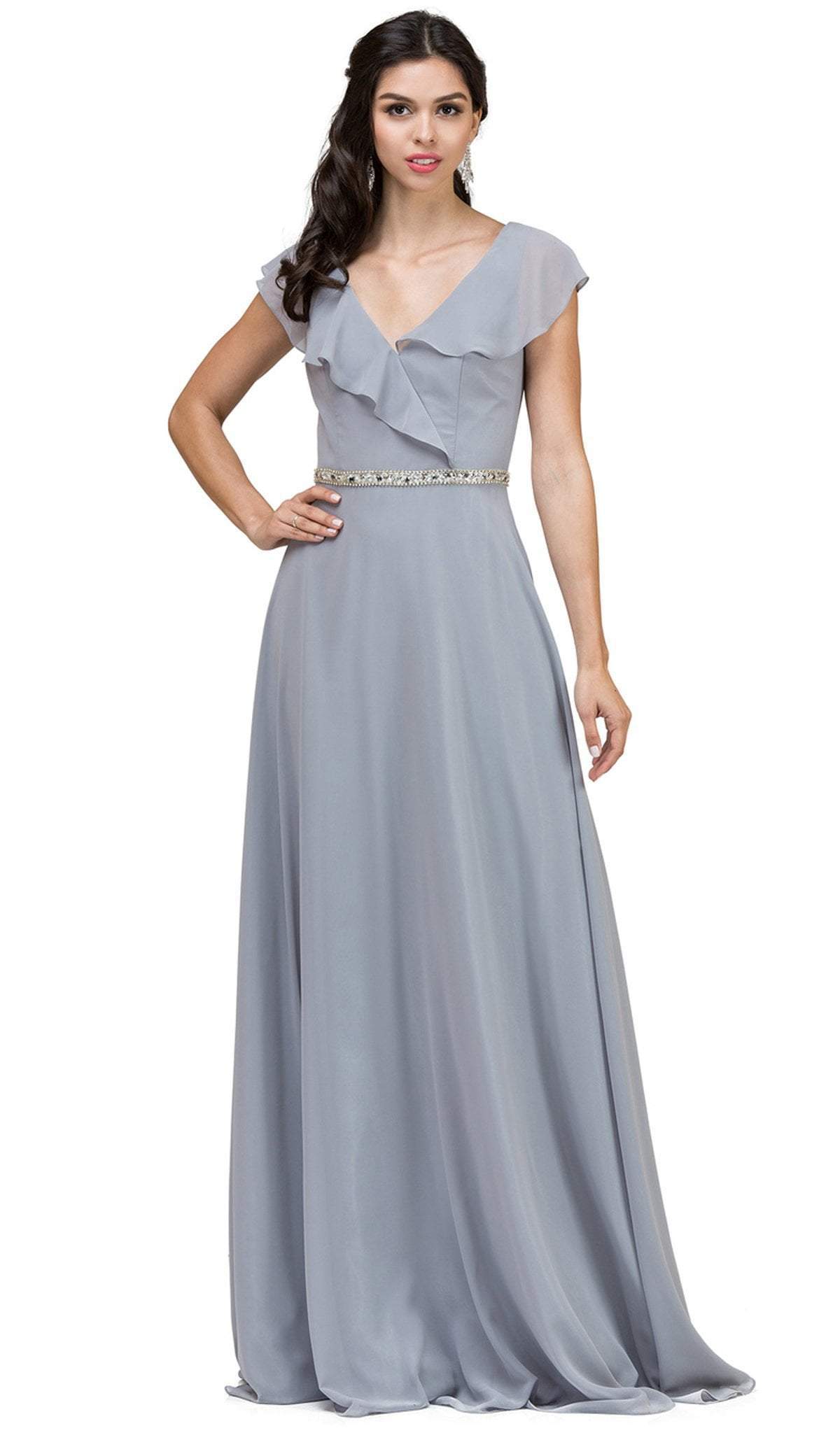 Dancing Queen - 2072 Butterfly Sleeve Wrap Evening Gown Special Occasion Dress XS / Silver