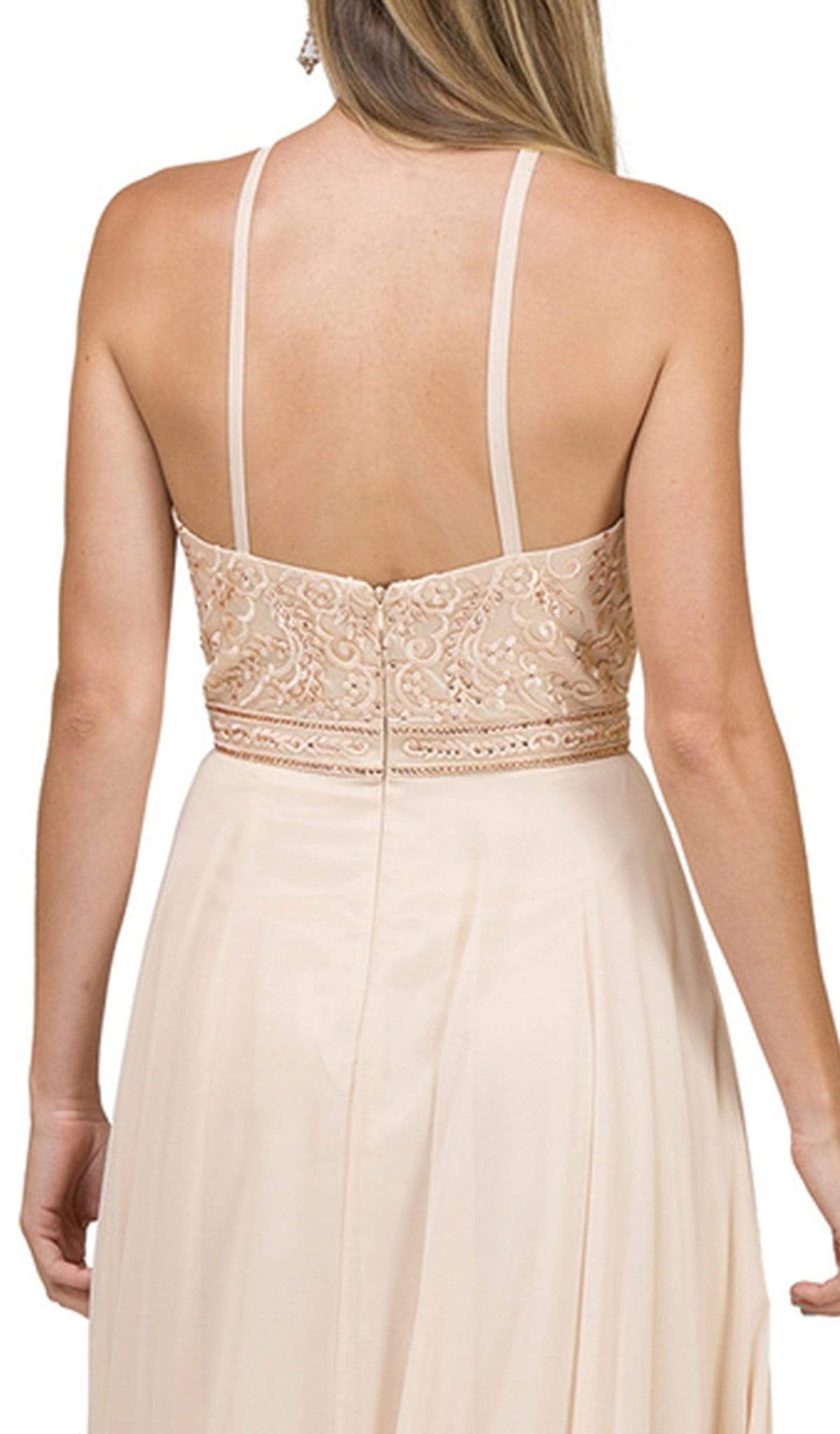 Dancing Queen - 2092 Embroidered Halter A-Line Evening Gown Special Occasion Dress L / Champagne