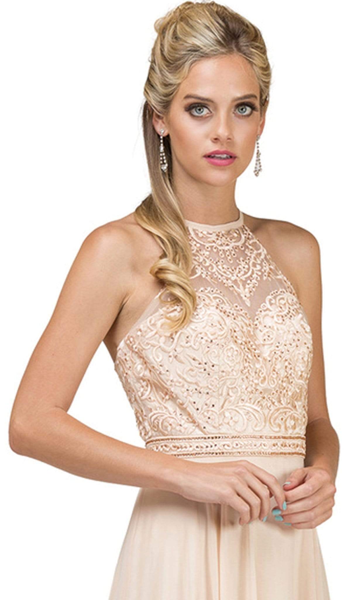 Dancing Queen - 2092 Embroidered Halter A-Line Evening Gown Special Occasion Dress S / Champagne