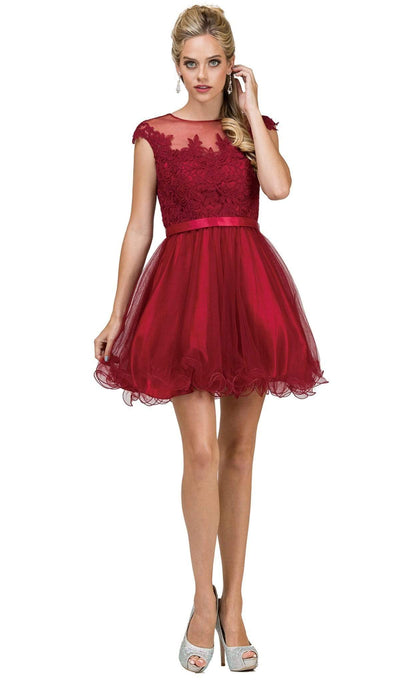 Dancing Queen - 2153 Illusion Jewel Floral A Line Cocktail Dress Cocktail Dresses XS / Burgundy