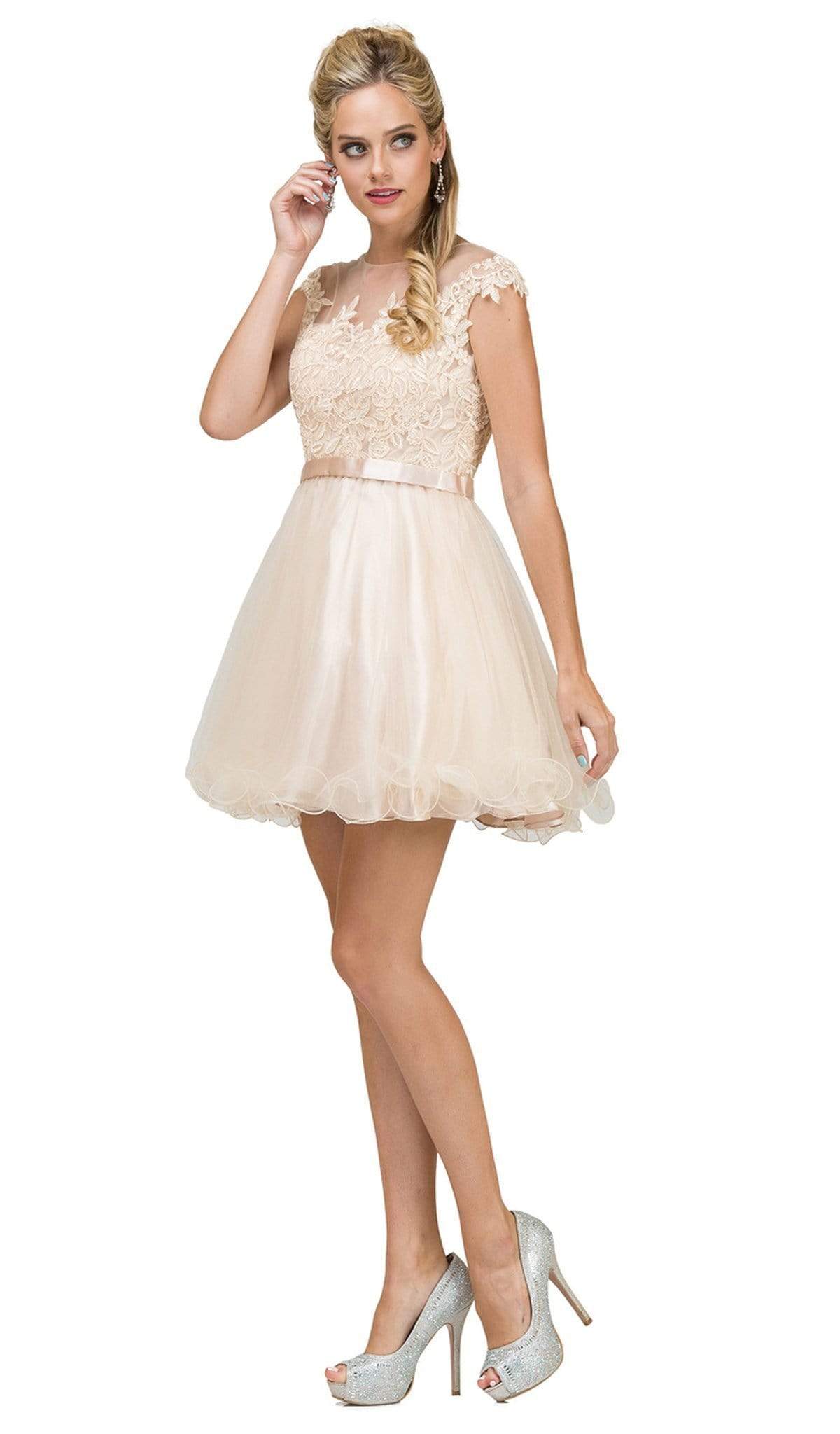 Dancing Queen - 2153 Illusion Jewel Floral A Line Cocktail Dress Cocktail Dresses XS / Champagne