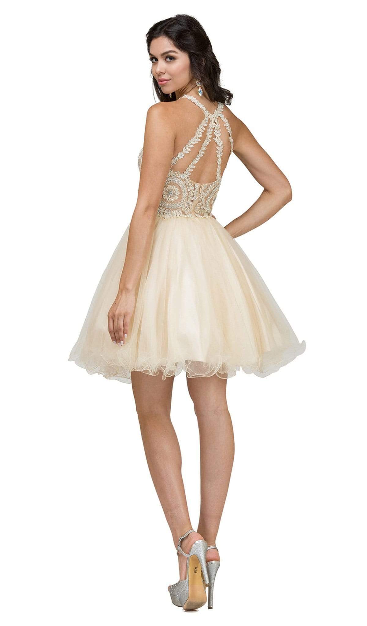 Dancing Queen - 2156 Halter Floral Appliques Tulle Cocktail Dress Special Occasion Dress XS / Champagne