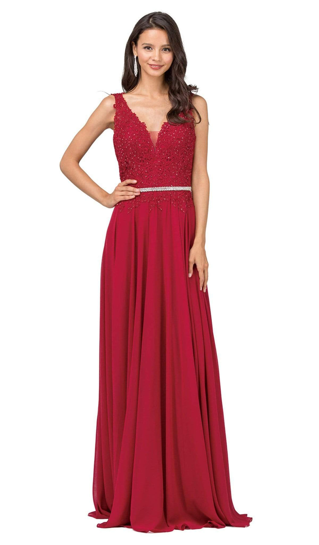 Dancing Queen - 2161 Beaded Lace V-neck A-line Prom Dress Special Occasion Dress XS / Burgundy