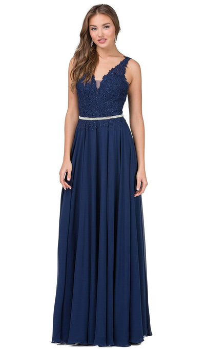 Dancing Queen - 2161 Beaded Lace V-neck A-line Prom Dress Special Occasion Dress XS / Navy