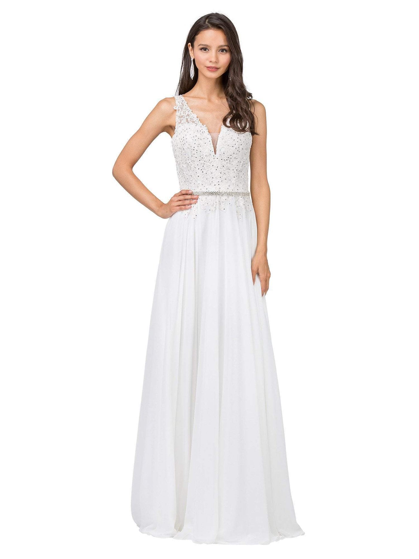 Dancing Queen - 2161 Beaded Lace V-neck A-line Prom Dress Special Occasion Dress XS / Off White
