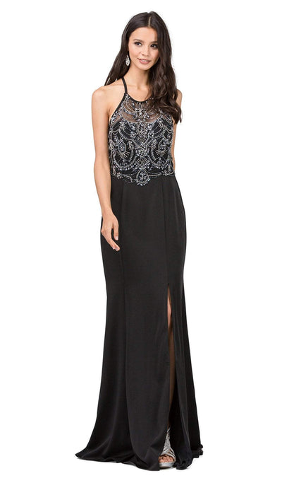 Dancing Queen - 2200 Jeweled Garland Motif Illusion Sheath Prom Gown Special Occasion Dress XS / Black