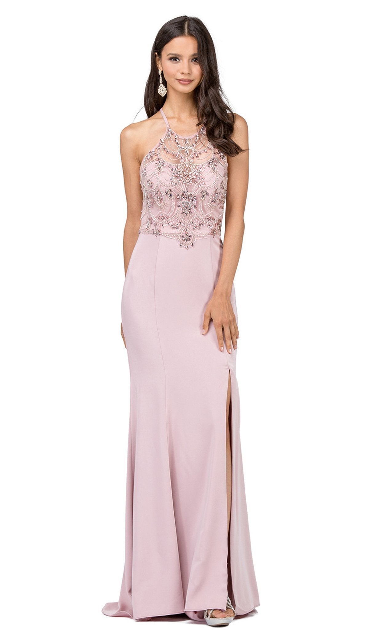 Dancing Queen - 2200 Jeweled Garland Motif Illusion Sheath Prom Gown Special Occasion Dress XS / Dusty Pink