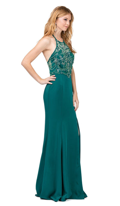Dancing Queen - 2200 Jeweled Garland Motif Illusion Sheath Prom Gown Special Occasion Dress XS / Hunter Green