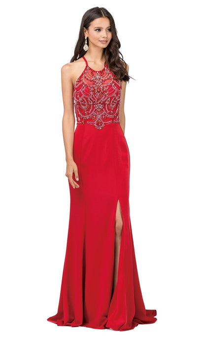 Dancing Queen - 2200 Jeweled Garland Motif Illusion Sheath Prom Gown Special Occasion Dress XS / Red
