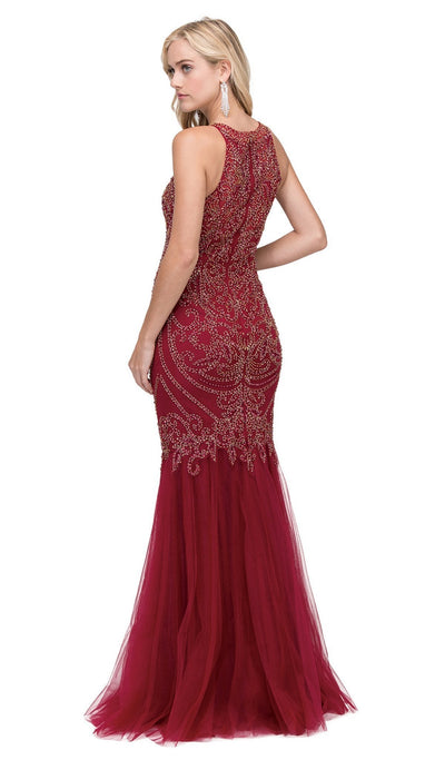 Dancing Queen - 2206 Beaded Halter Neck Trumpet Prom Dress Special Occasion Dress M / Burgundy