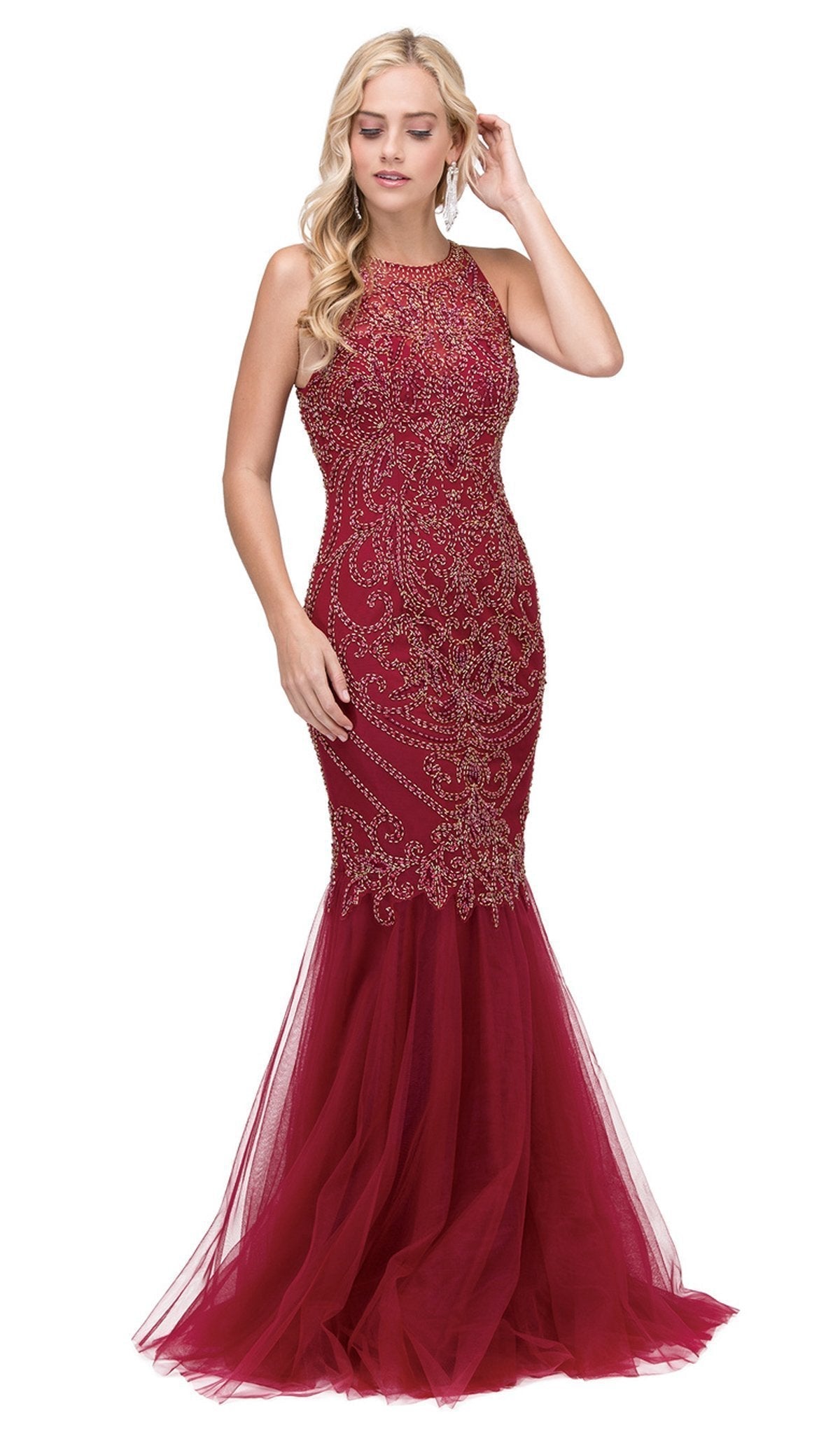 Dancing Queen - 2206 Beaded Halter Neck Trumpet Prom Dress Special Occasion Dress XS / Burgundy