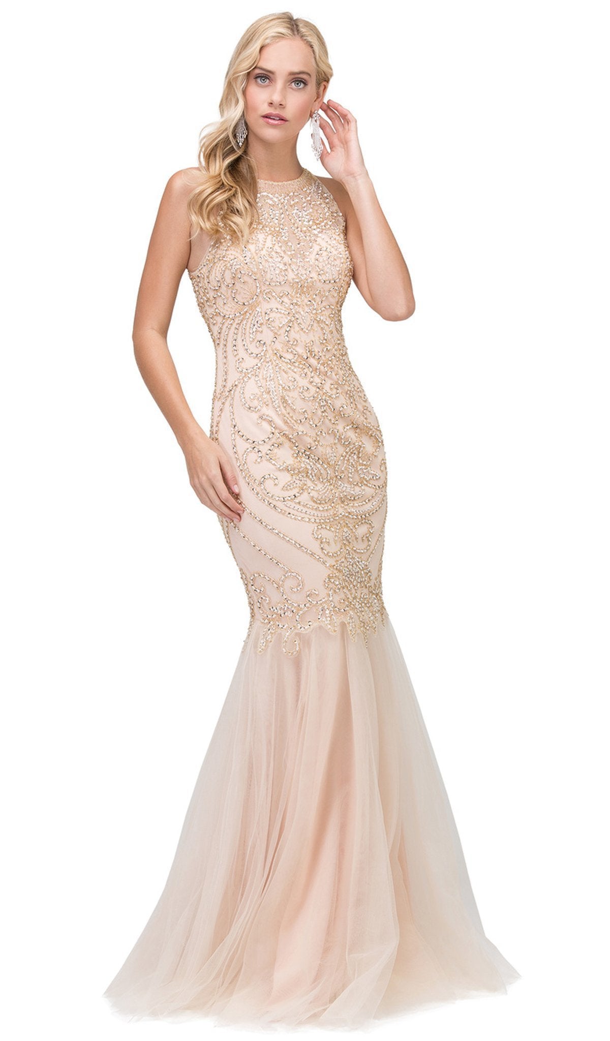 Dancing Queen - 2206 Beaded Halter Neck Trumpet Prom Dress Special Occasion Dress XS / Champagne