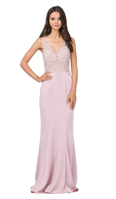 Dancing Queen - 2213 Embellished V-neck Trumpet Dress Special Occasion Dress XS / Dusty Pink
