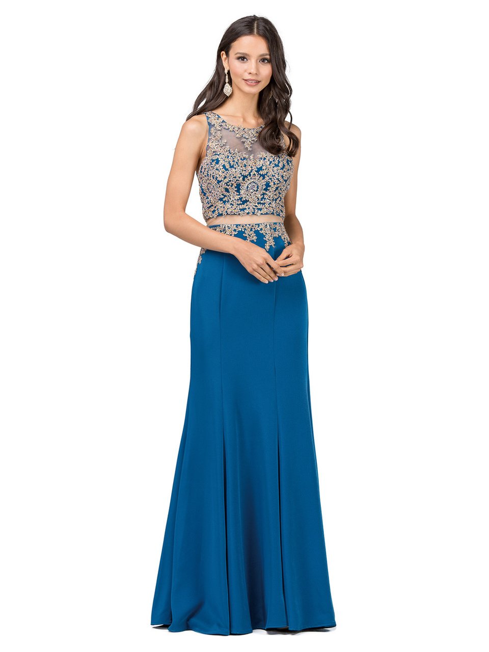 Dancing Queen 2224 Mock Two-Piece Gilded Applique Bodice Gown CCSALE 2XL / Teal