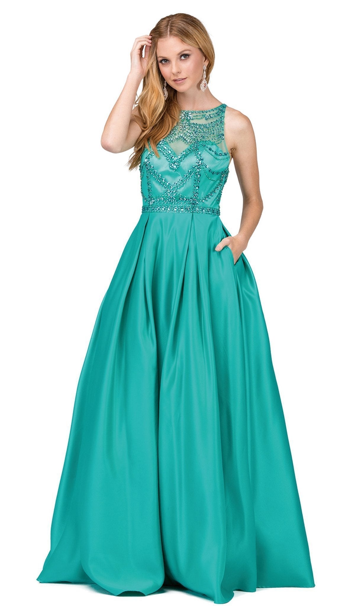 Dancing Queen - 2228 Beaded Bateau Pleated Prom Gown Special Occasion Dress XS / Jade