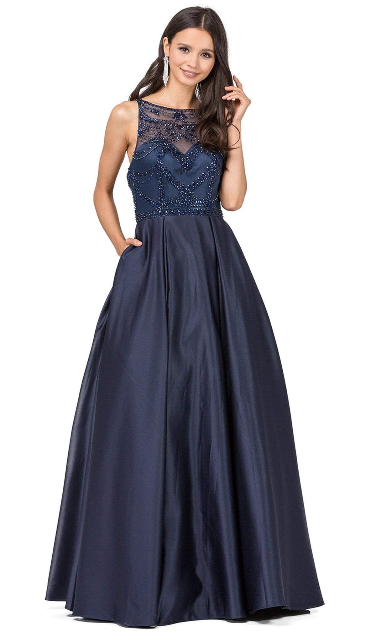 Dancing Queen - 2228 Beaded Bateau Pleated Prom Gown Special Occasion Dress XS / Navy