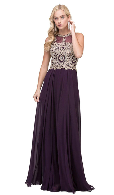 Dancing Queen - 2234 Sleeveless Illusion Jewel Lace Ornate Prom Gown Prom Dresses XS / Plum