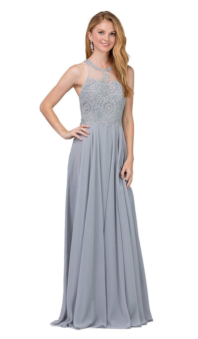 Dancing Queen - 2234 Sleeveless Illusion Jewel Lace Ornate Prom Gown Prom Dresses XS / Silver