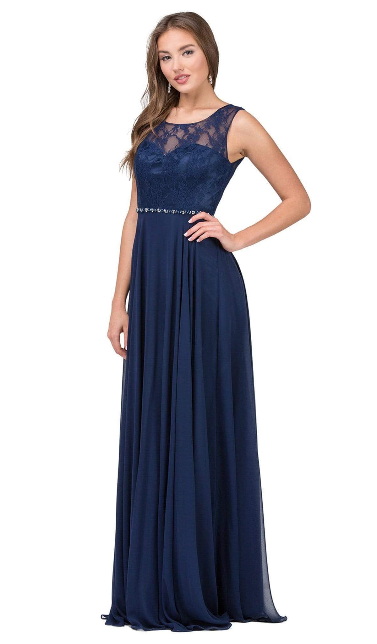 Dancing Queen - 2240 Bejeweled Lace Illusion A-Line Prom Gown Prom Dresses XS / Navy